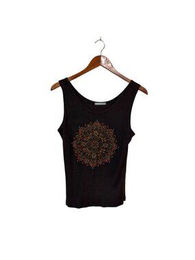 Vtg Brown Tank Top XL Beaded Mandala Design Hippie Boho Festival Yoga Retreat